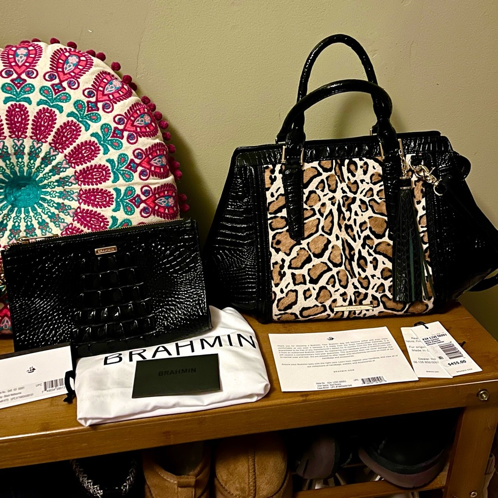 Brahmin Set- Arden Satchel in black Rowena & Daisy wristlet in black Melbourne